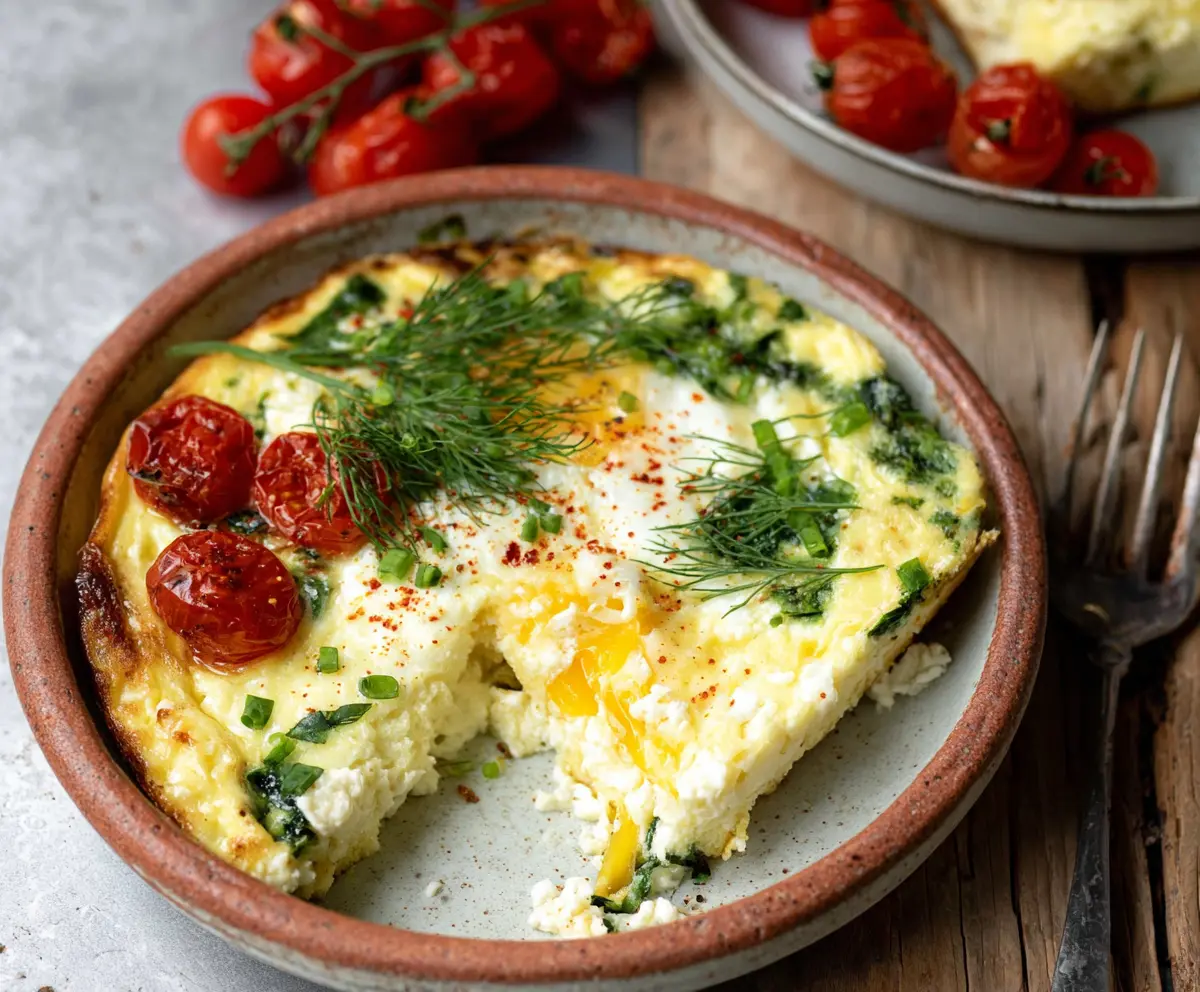 Delicious baked cottage cheese eggs garnished with herbs on a white plate.
