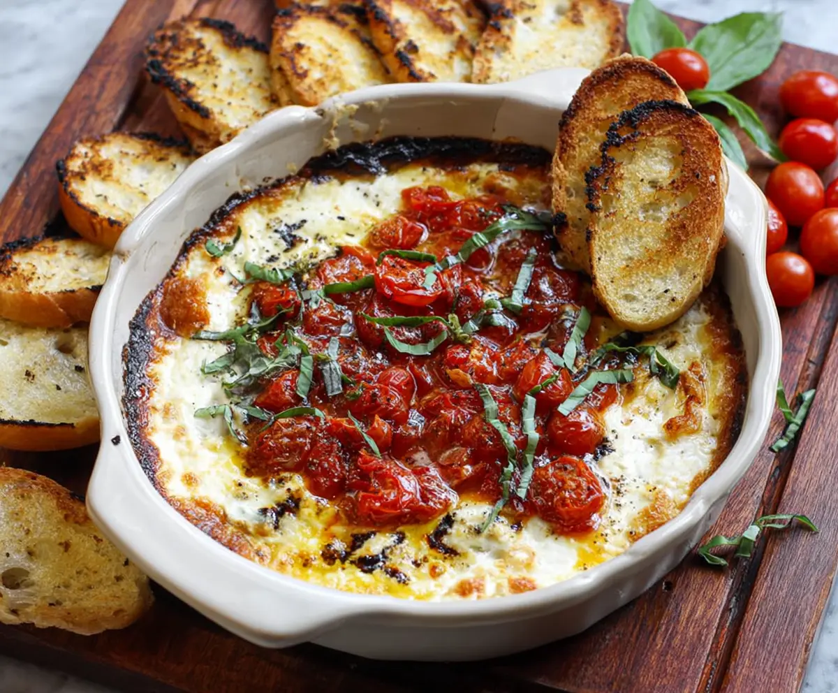 Delicious baked goat cheese bruschetta dip served with fresh herbs and toasted baguette slices.