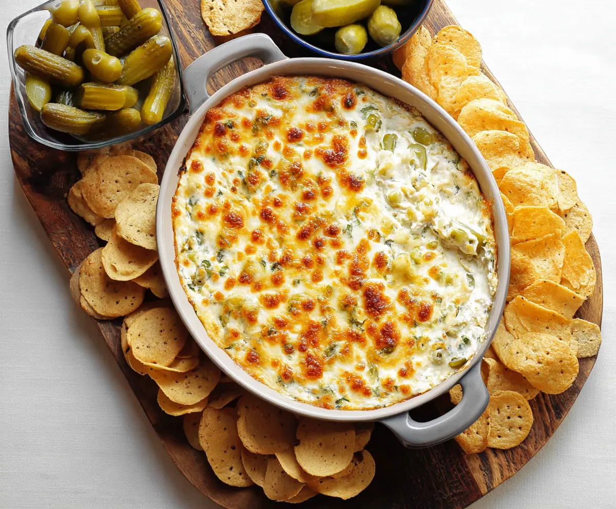 Creamy baked pickle dip served in a bowl for a savory appetizer.