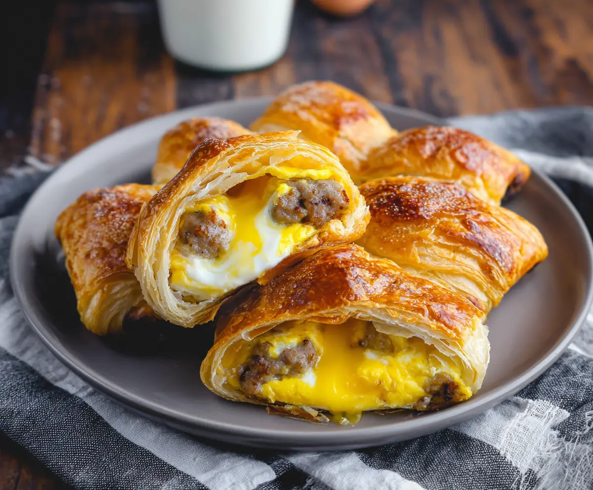 Delicious baked sausage, egg, and cheese croissant fresh out of the oven.