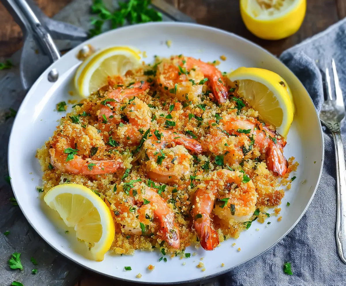 Delicious baked shrimp scampi with golden breadcrumbs and fresh herbs served on a plate