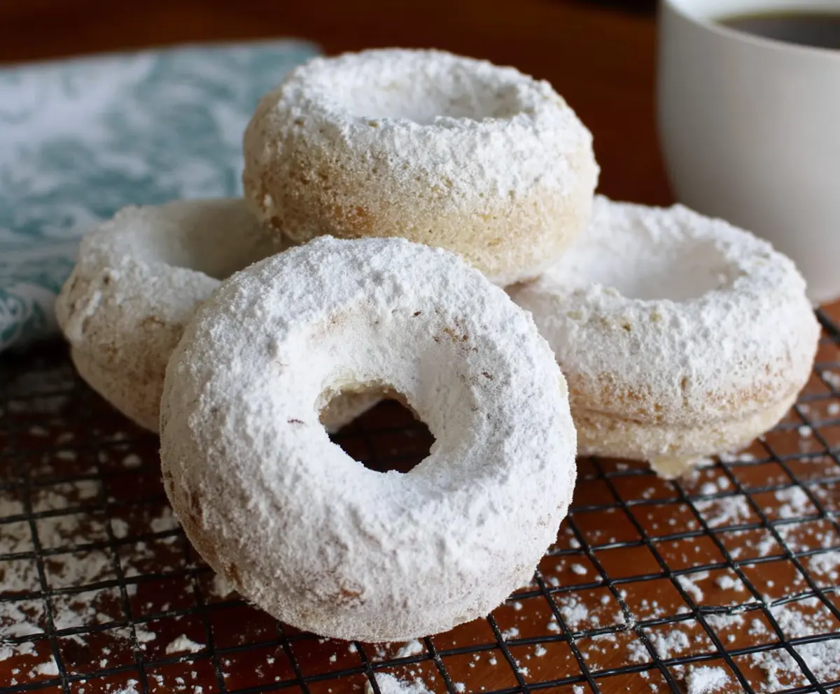 Delicious baked sourdough discard powdered sugar donuts on a plate, showcasing their golden-brown exterior and sweet powdered sugar topping.