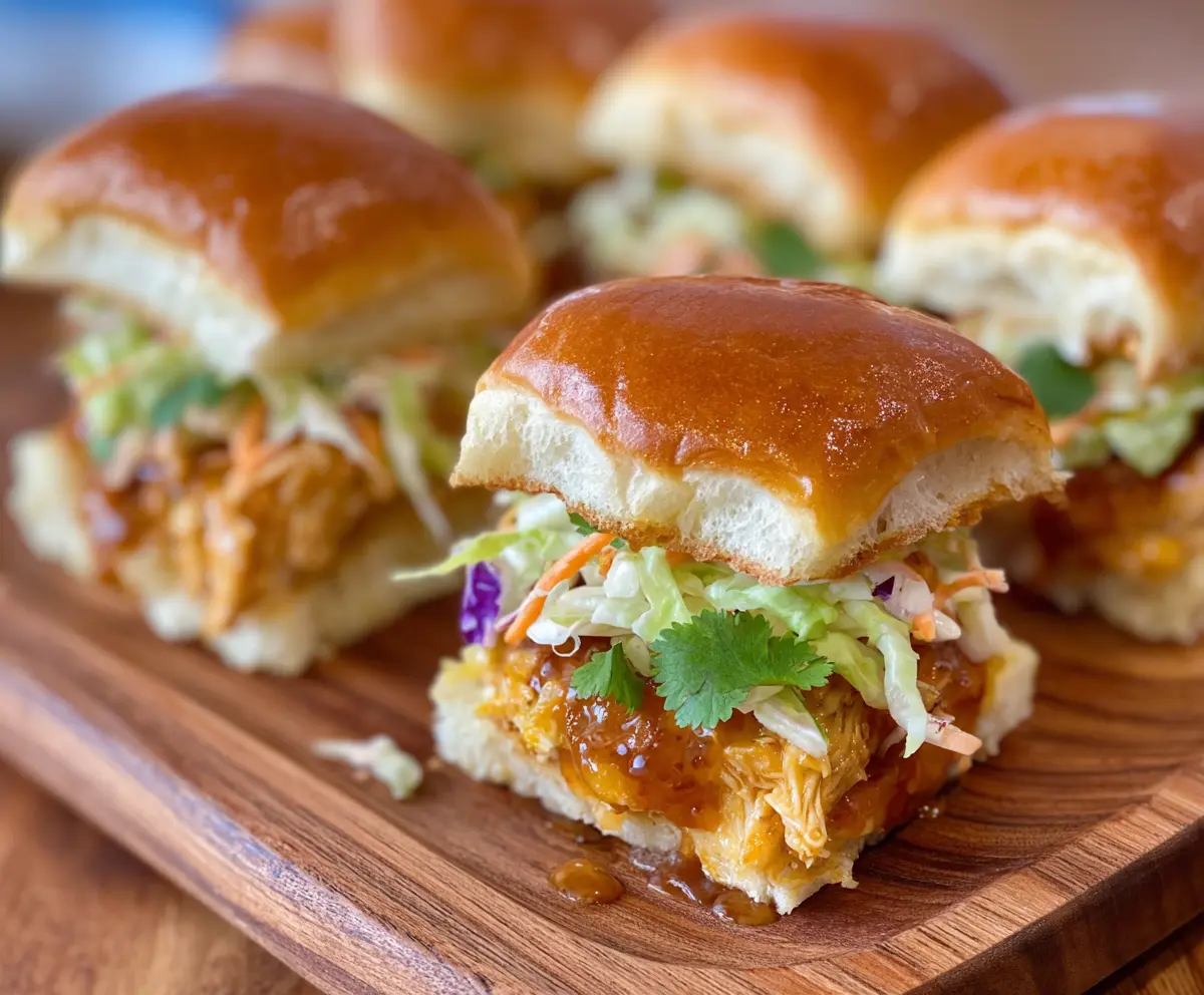 Delicious Bang Bang Chicken Sliders topped with a creamy, spicy sauce on soft slider buns.