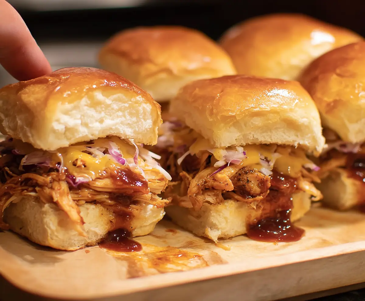 Delicious BBQ chicken sliders topped with melted cheese and fresh coleslaw on a bun.