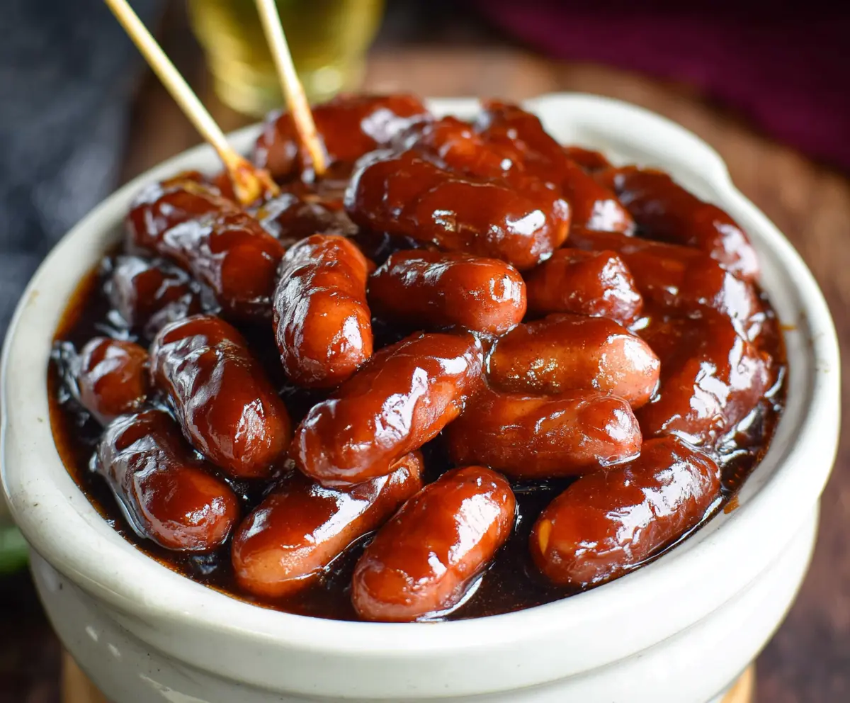 Delicious BBQ Little Smokies cooking in a crock pot for a flavorful appetizer.