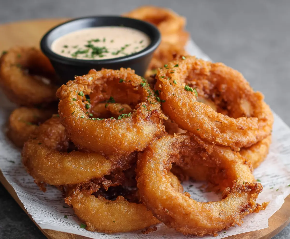 Crispy beer battered onion rings served with a dipping sauce on a white plate.