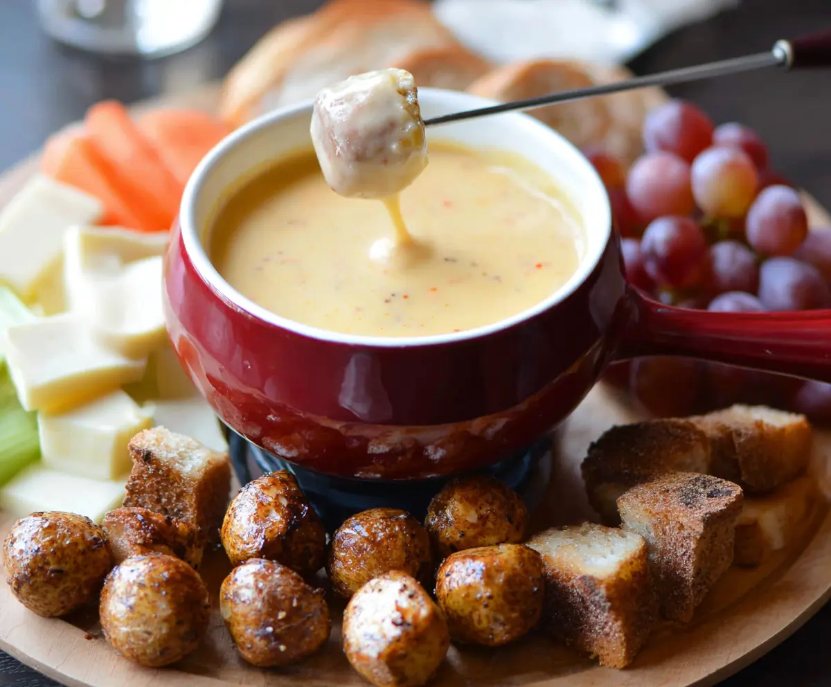 Delicious Beer Cheese Fondue served with bread and vegetables for dipping