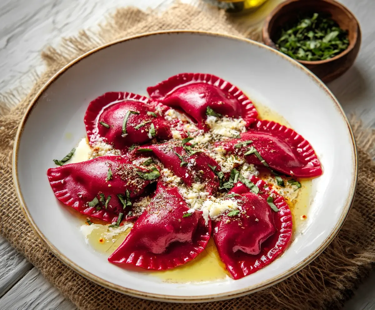 Delicious homemade beet ravioli with vibrant red color on a white plate