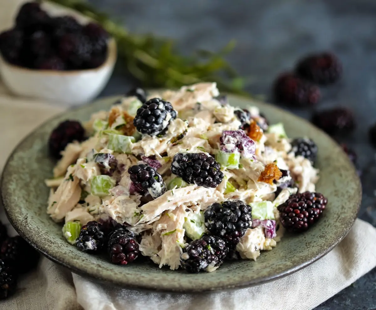 Delicious Blackberry Cottage Cheese Chicken Salad served in a bowl with fresh blackberries and green garnish.