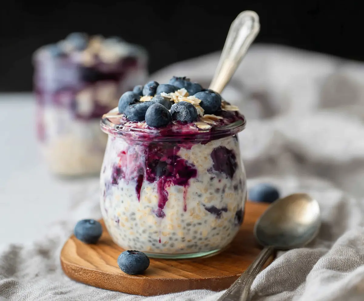 Creamy blueberry cheesecake overnight oats topped with fresh blueberries and a graham cracker crust.