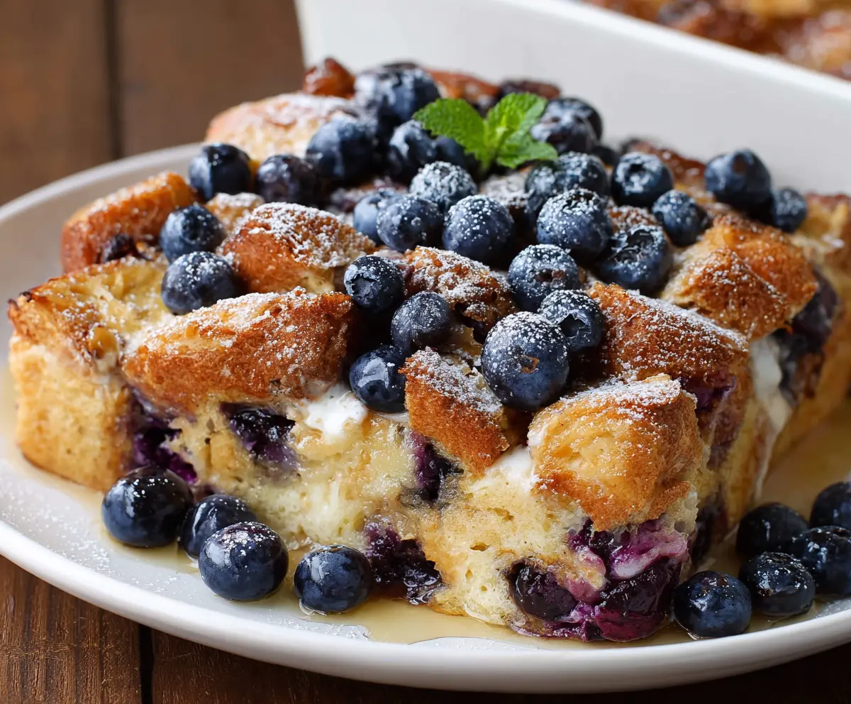Delicious blueberry French toast casserole topped with fresh blueberries and powdered sugar.