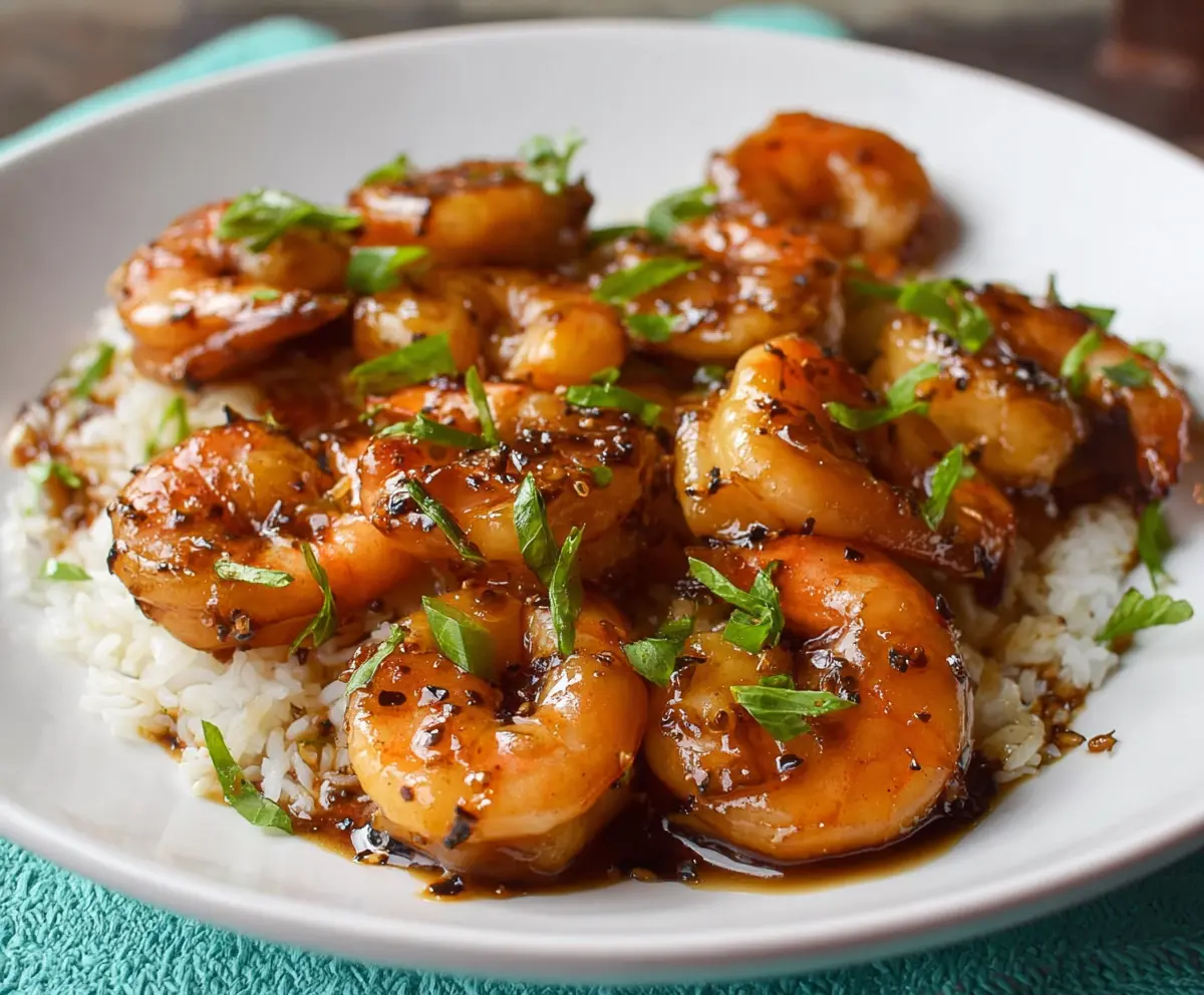 Delicious Bourbon Glazed Shrimp served on a plate with fresh herbs