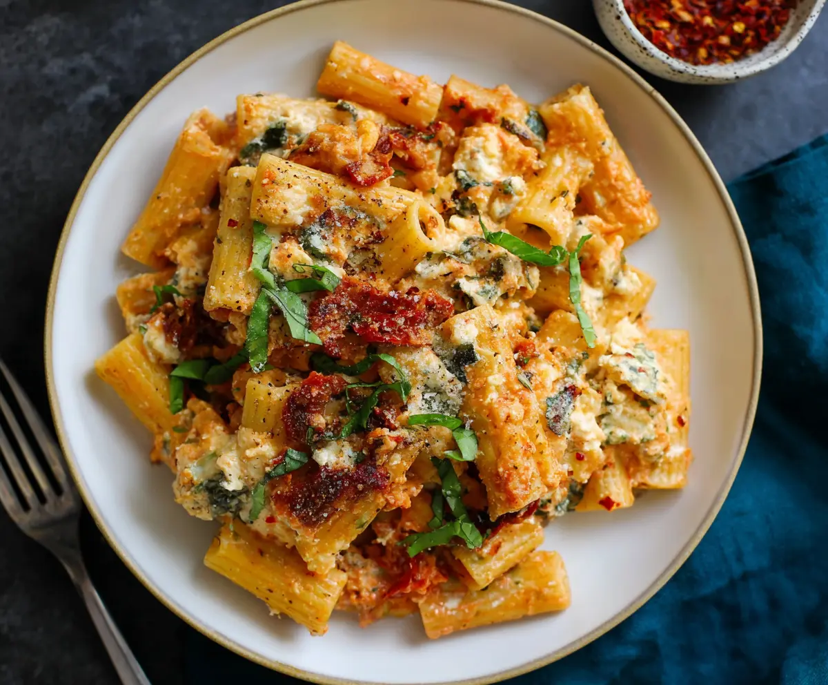 Creamy Boursin cheese rigatoni pasta dish topped with herbs and served in a white bowl.