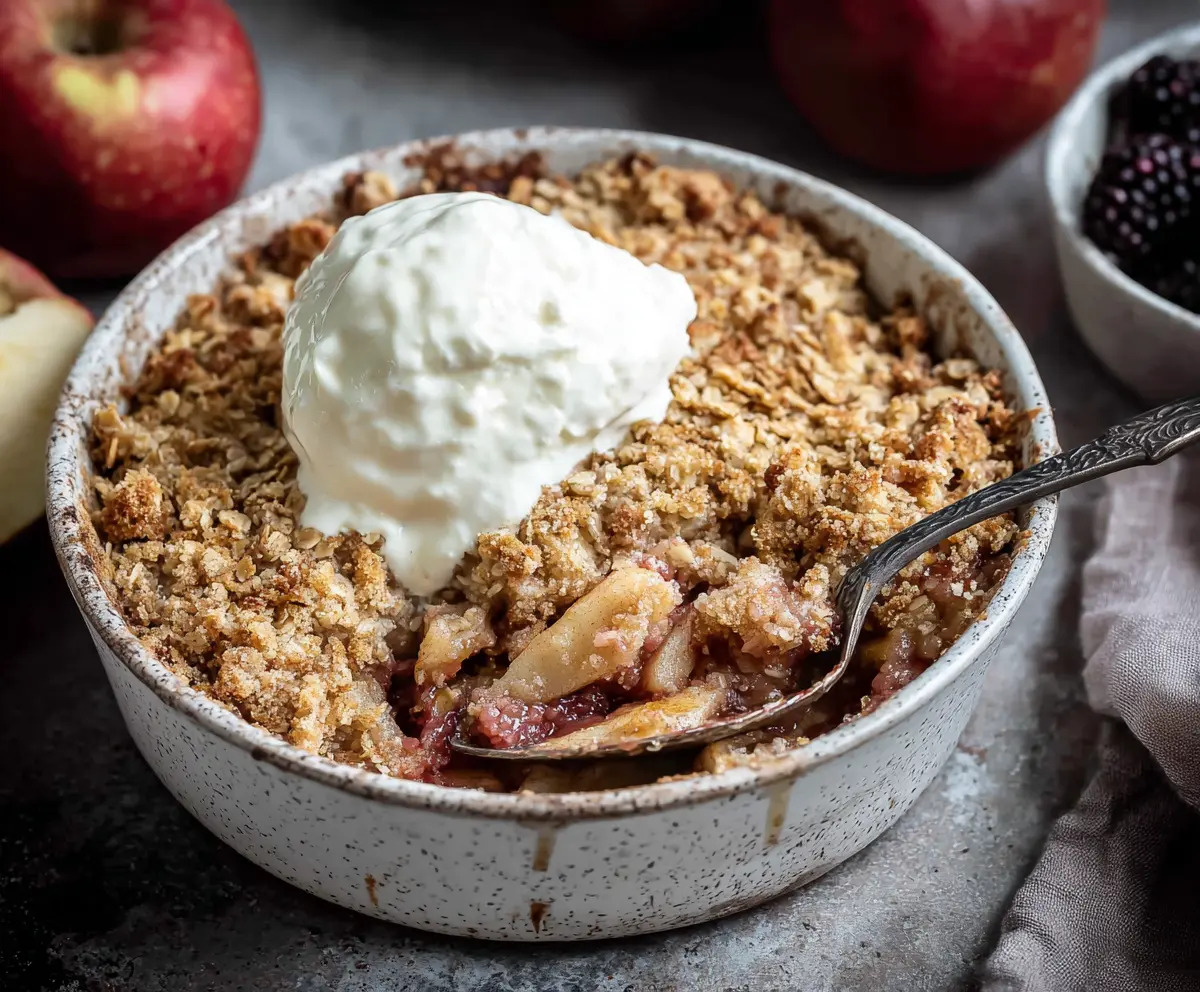 Delicious Breakfast Apple Crumble served with fresh slices of apple and a crumble topping.