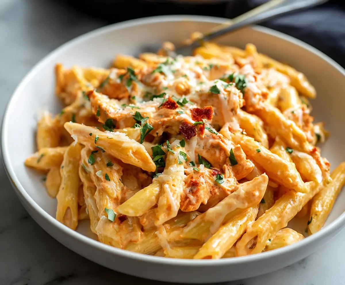 Creamy Buffalo Chicken Alfredo Penne pasta dish topped with melted cheese and garnished with herbs.