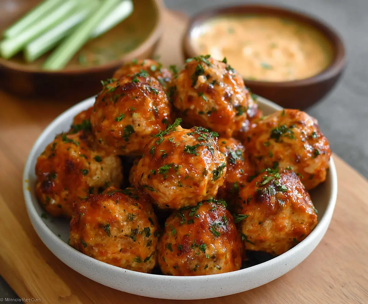 Spicy buffalo chicken meatballs served with dipping sauce on a white plate.