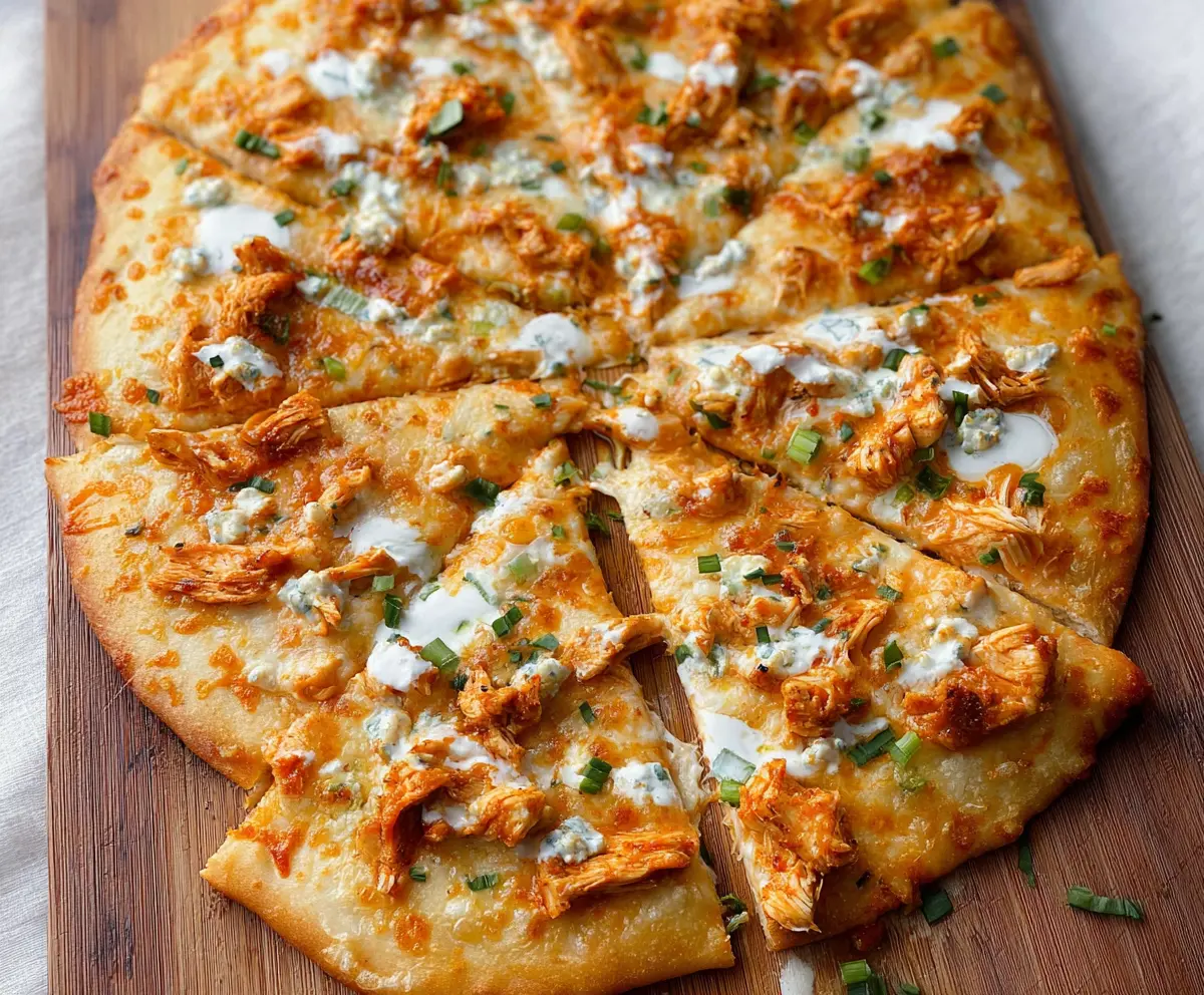 Delicious Buffalo Chicken Pizza topped with spicy hot sauce, melted cheese, and crispy crust