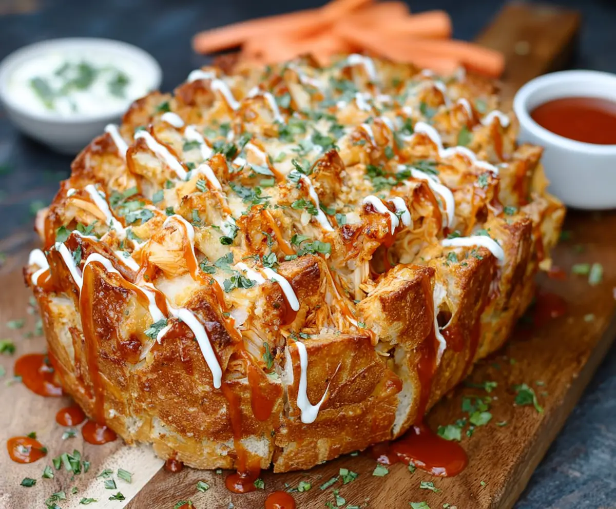 Delicious Buffalo Chicken Pull Apart Bread topped with melted cheese and spicy buffalo sauce