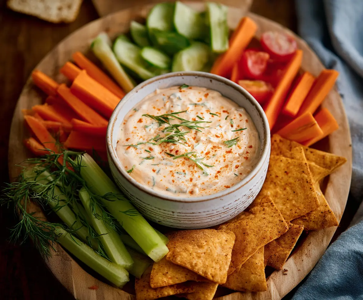 Creamy Buffalo Ranch Dip served in a bowl, garnished with fresh herbs for a flavorful appetizer.