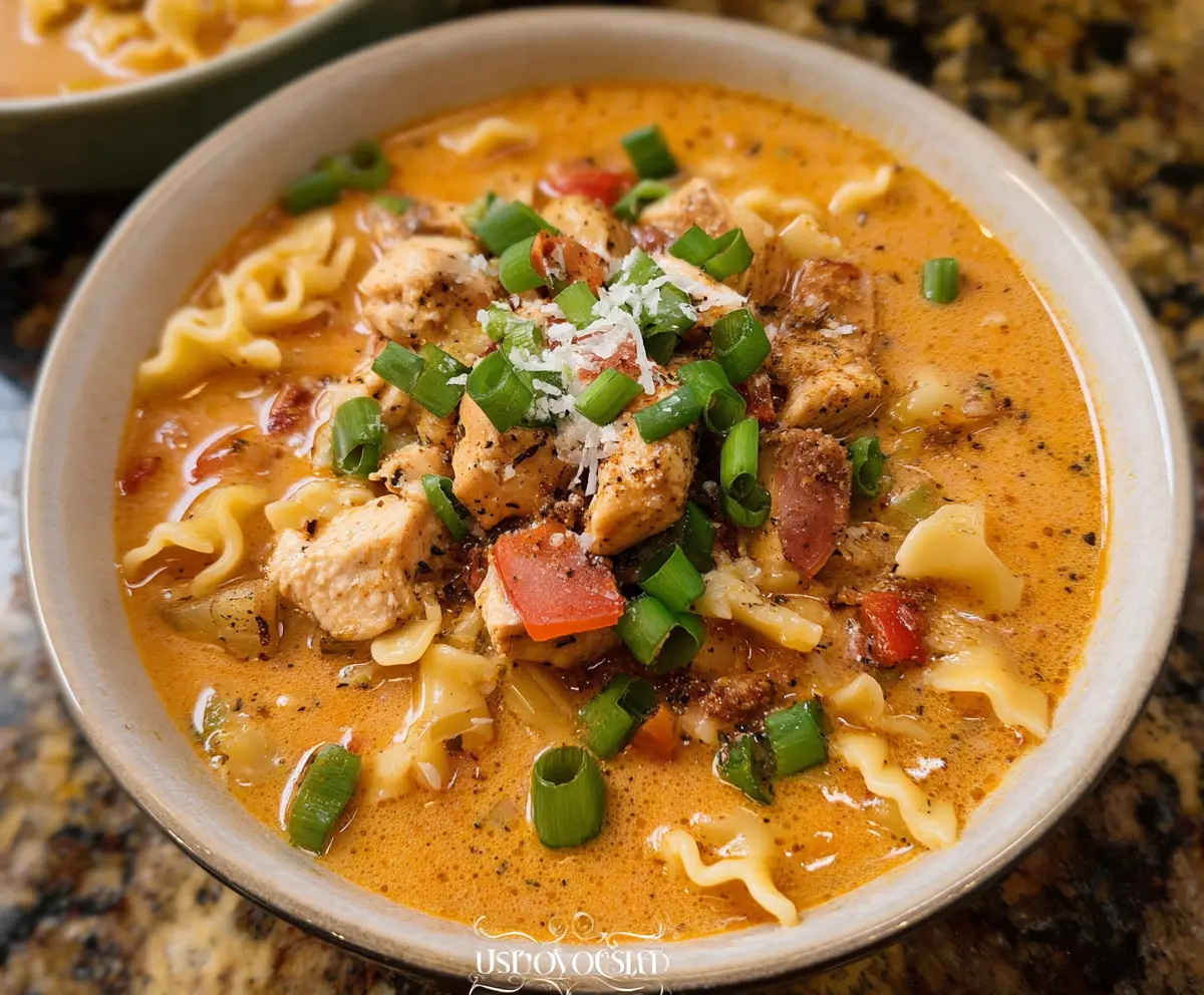 Creamy Cajun Chicken Soup Pasta with colorful vegetables and herbs on a serving plate.