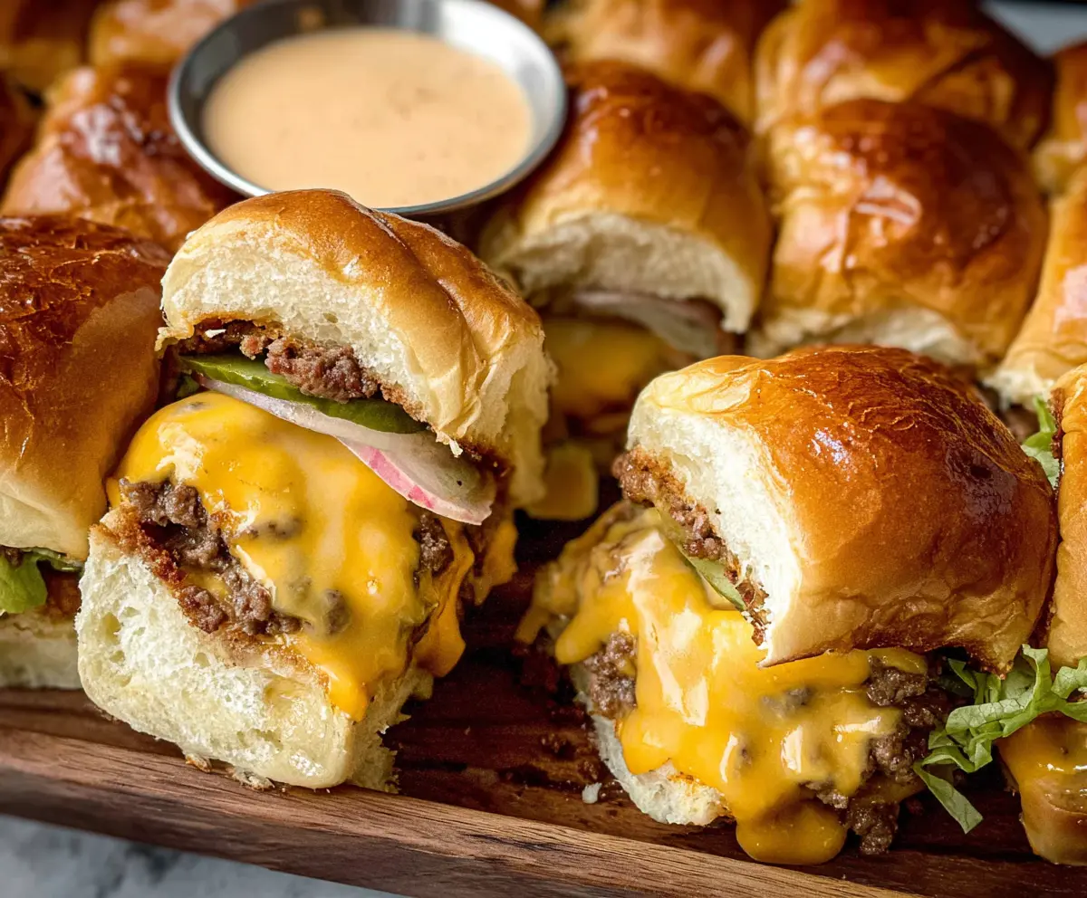 Delicious cheeseburger sliders with melted cheese and fresh toppings on a platter.