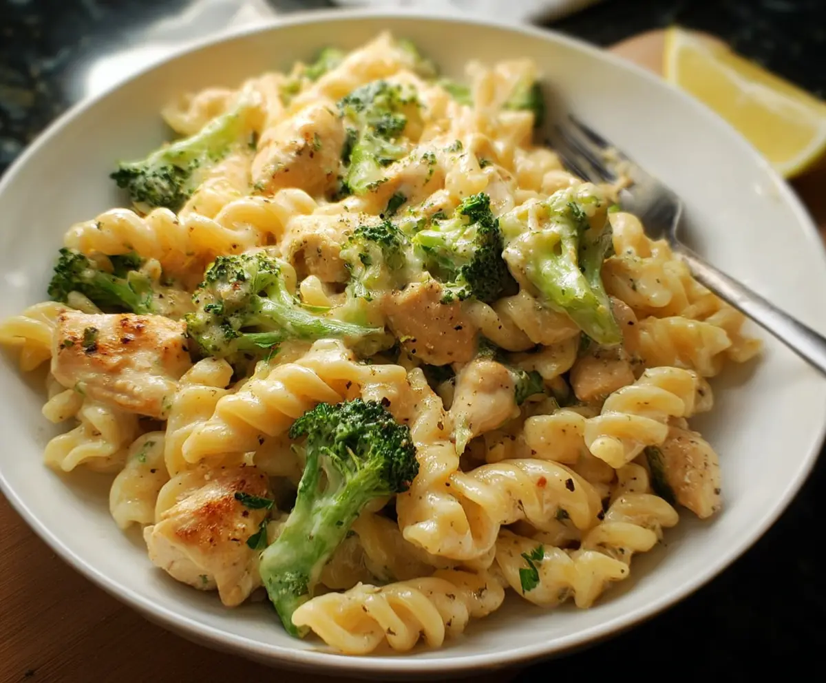 Delicious chicken and broccoli pasta dish served on a white plate, highlighting colorful fresh ingredients.