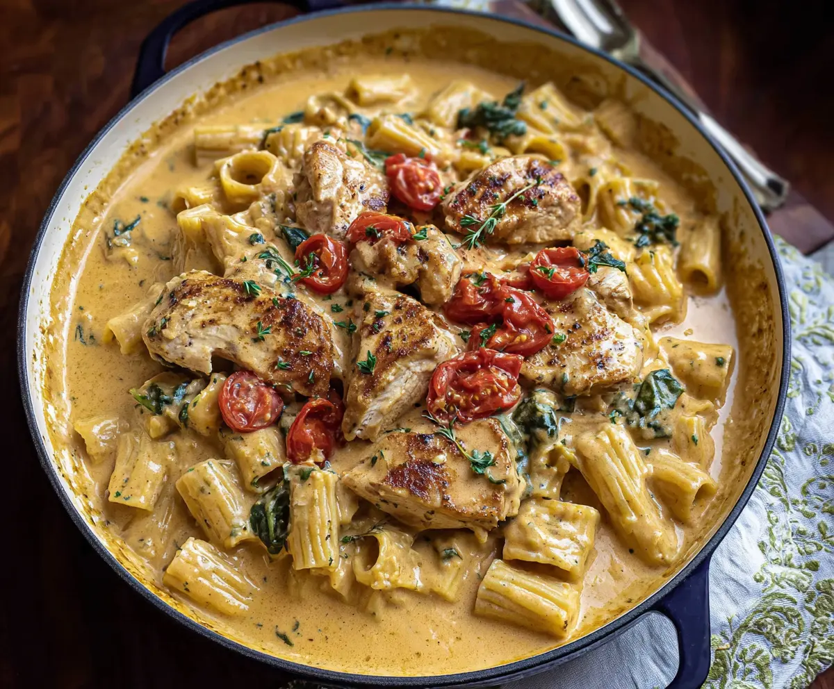 Delicious Chicken Creamy Tuscan Pasta served on a plate garnished with herbs