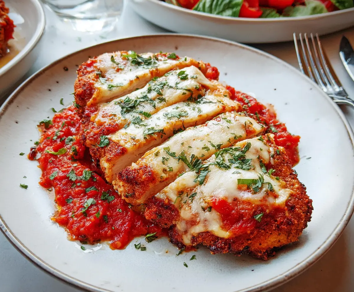 Delicious Chicken Parmesan with melted cheese and crispy breading served on a plate.