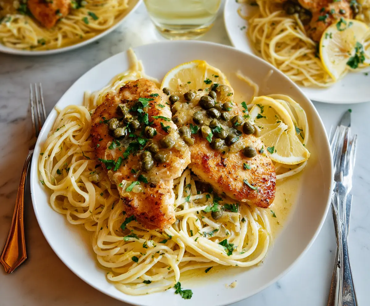 Delicious Chicken Piccata Pasta with lemon and capers served on a white plate.
