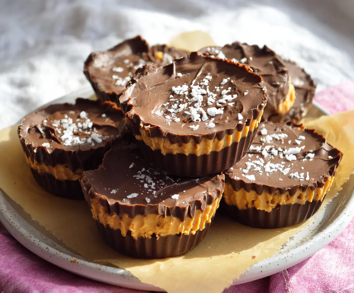 Delicious homemade chocolate peanut butter cups topped with shiny chocolate coating.