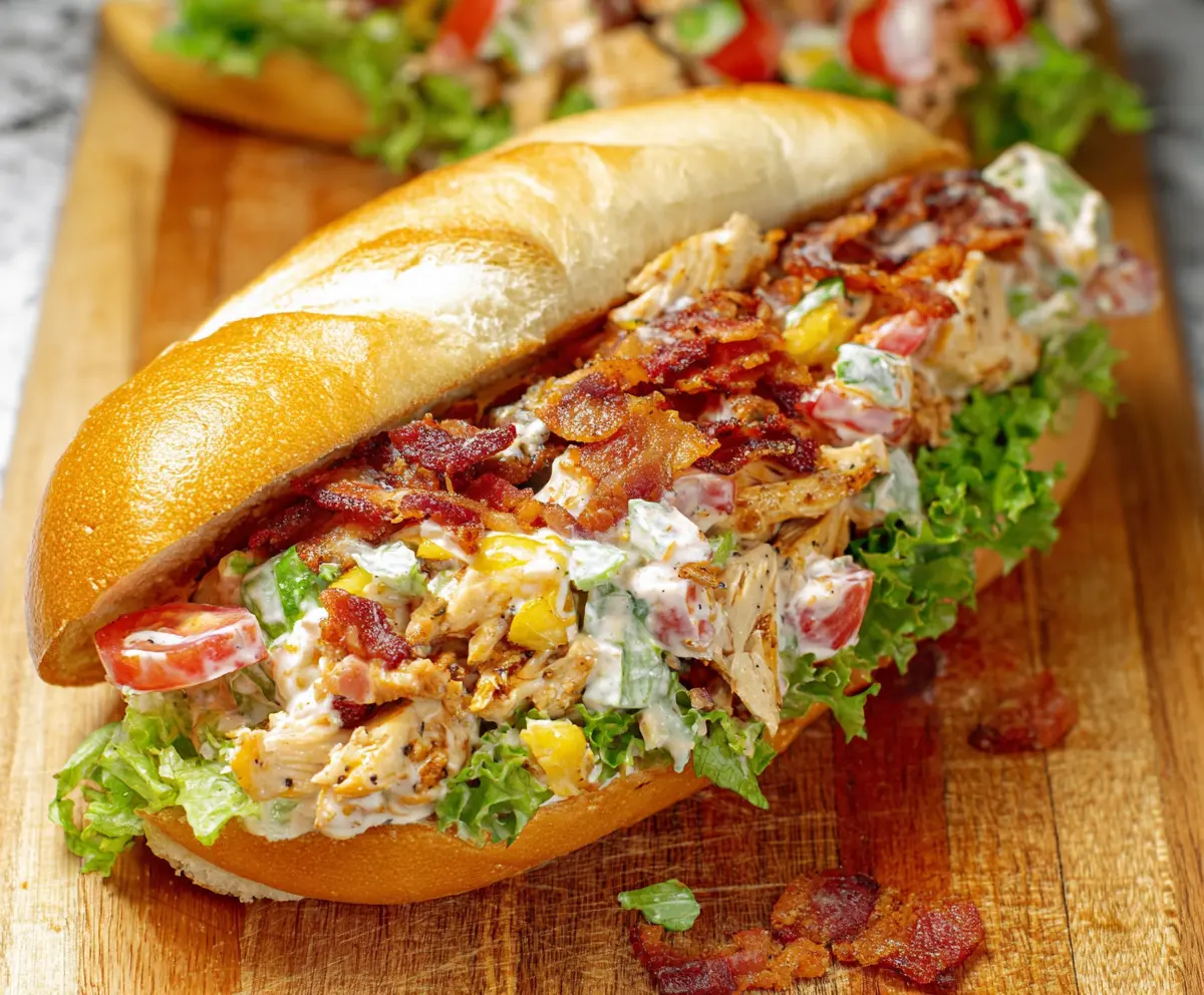 Delicious chopped chicken bacon ranch sandwich on a bun with fresh lettuce and tomatoes.