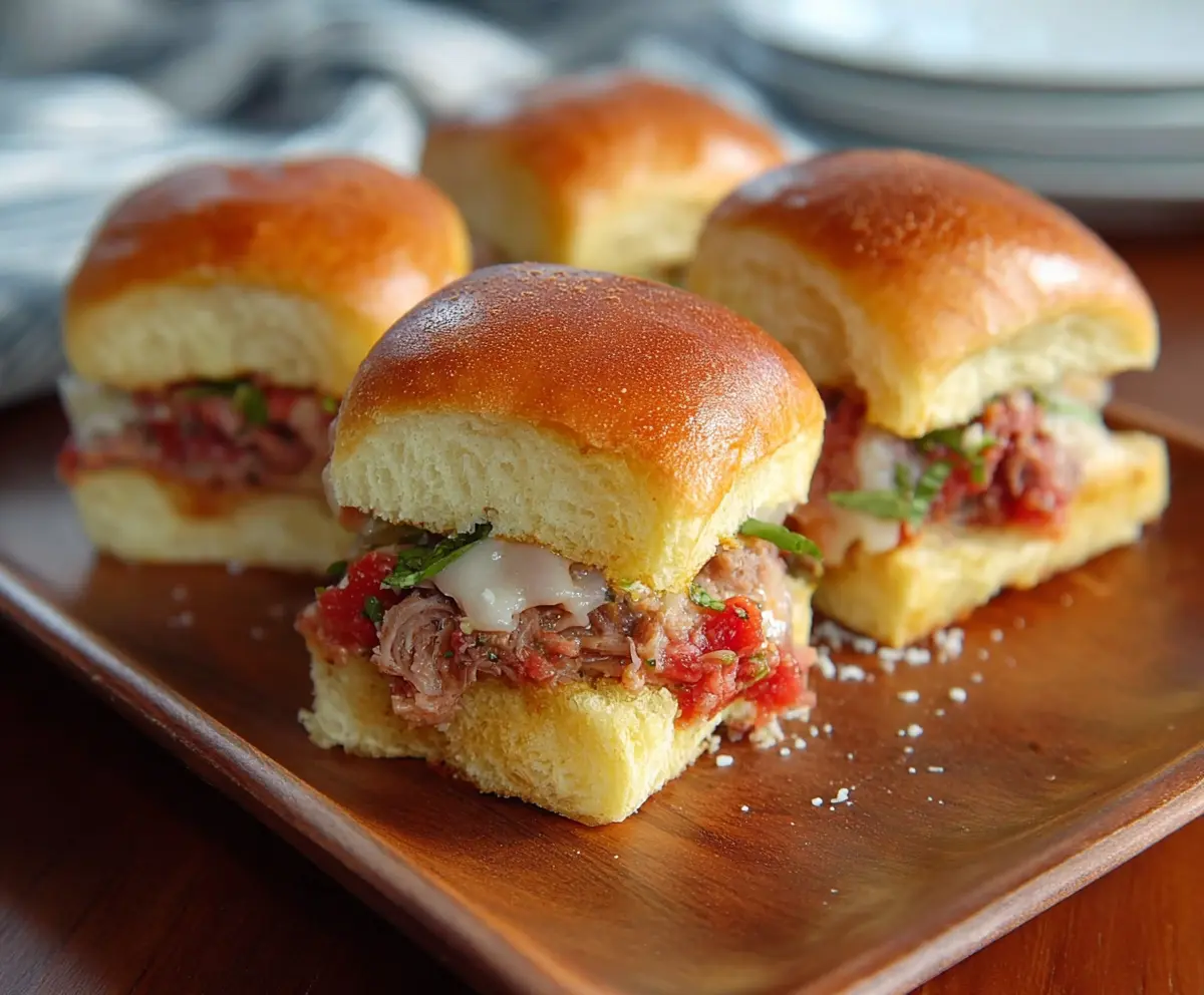 Close-up of chopped Italian sliders on a cutting board, showing layers of cured meats and cheeses.