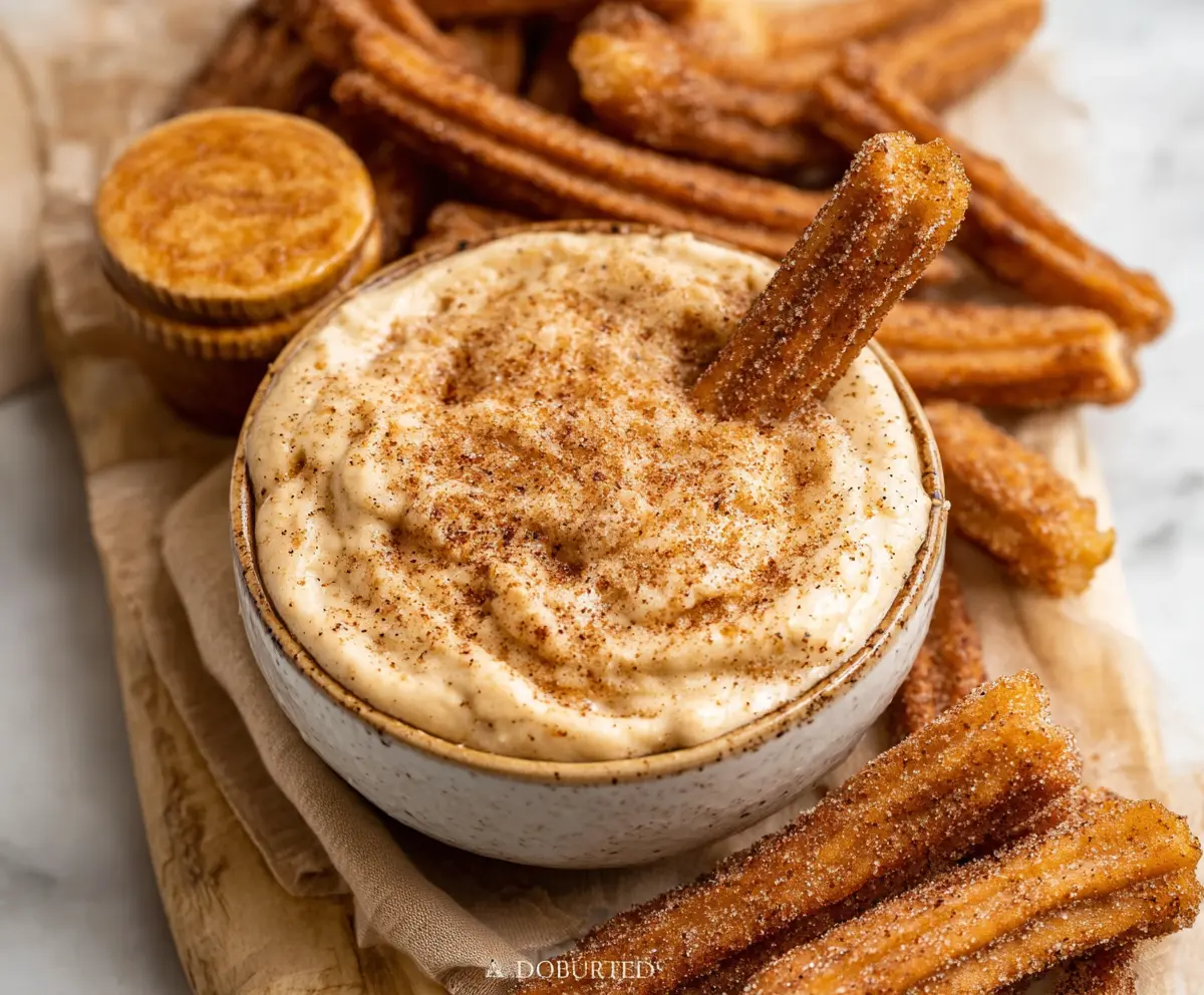 Creamy churro dip served with crispy churros, perfect for dipping and sharing.