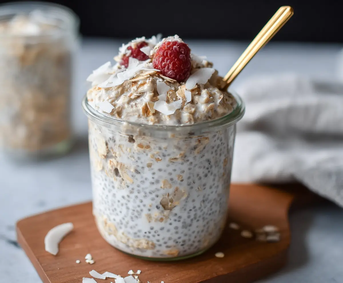 Healthy coconut overnight oats in a jar topped with fresh fruit and shredded coconut.