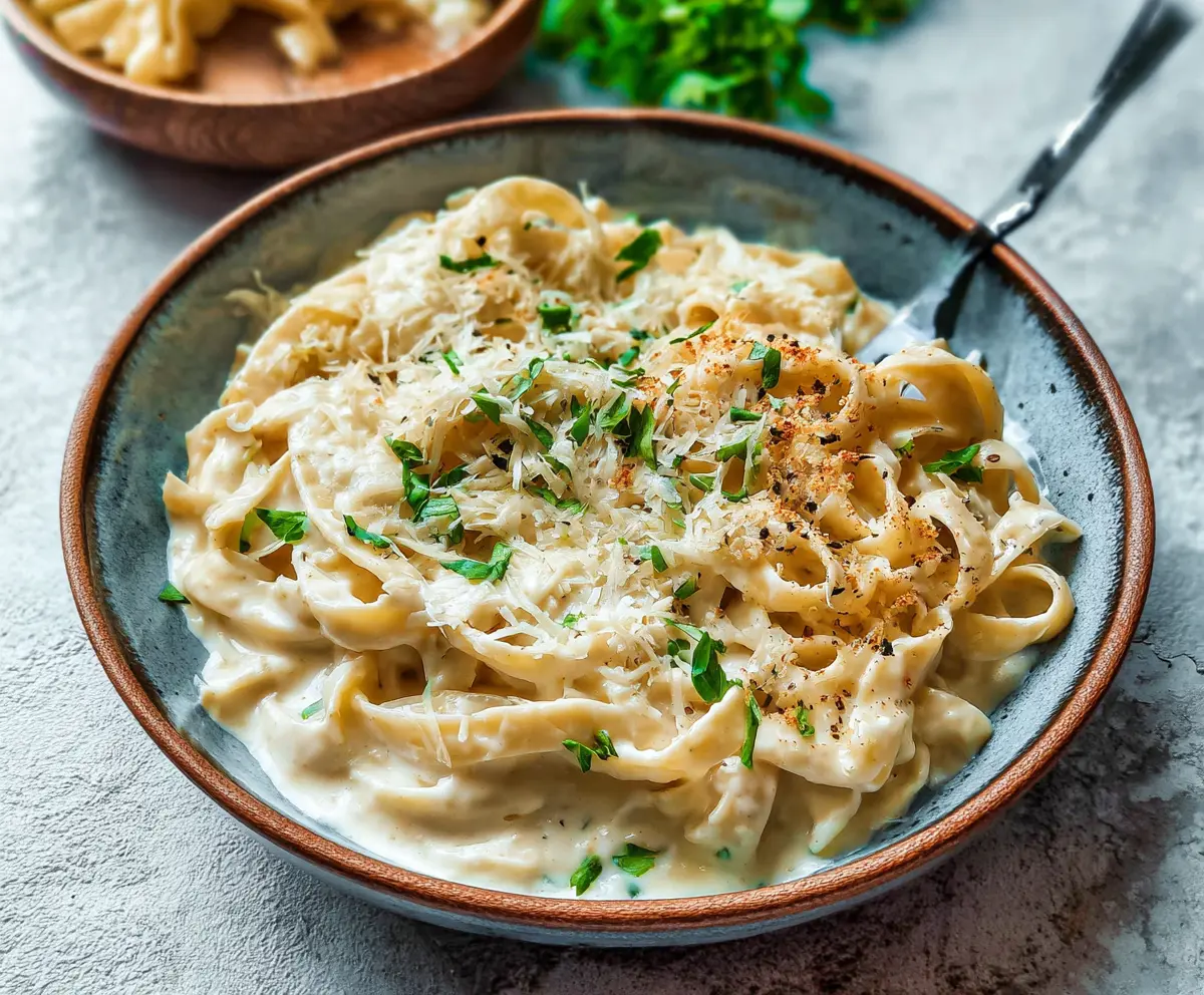 Creamy cottage cheese Alfredo pasta served with herbs on a white plate