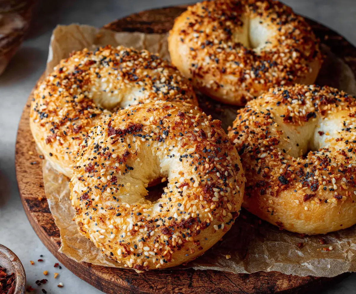 Delicious homemade cottage cheese bagels on a plate with fresh herbs.