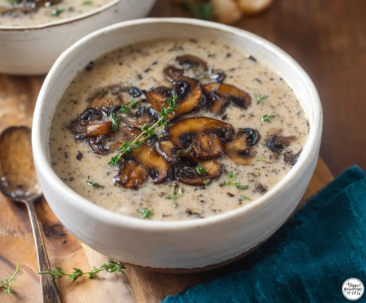 Creamy cottage cheese mushroom soup served in a bowl with fresh herbs on top.