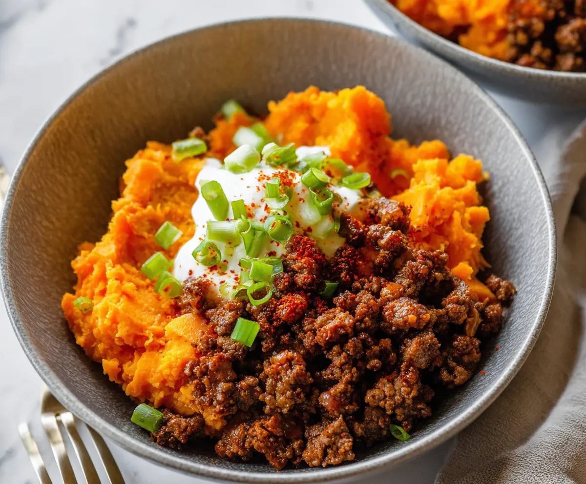 Delicious cottage cheese, sweet potato, and beef dish served on a plate