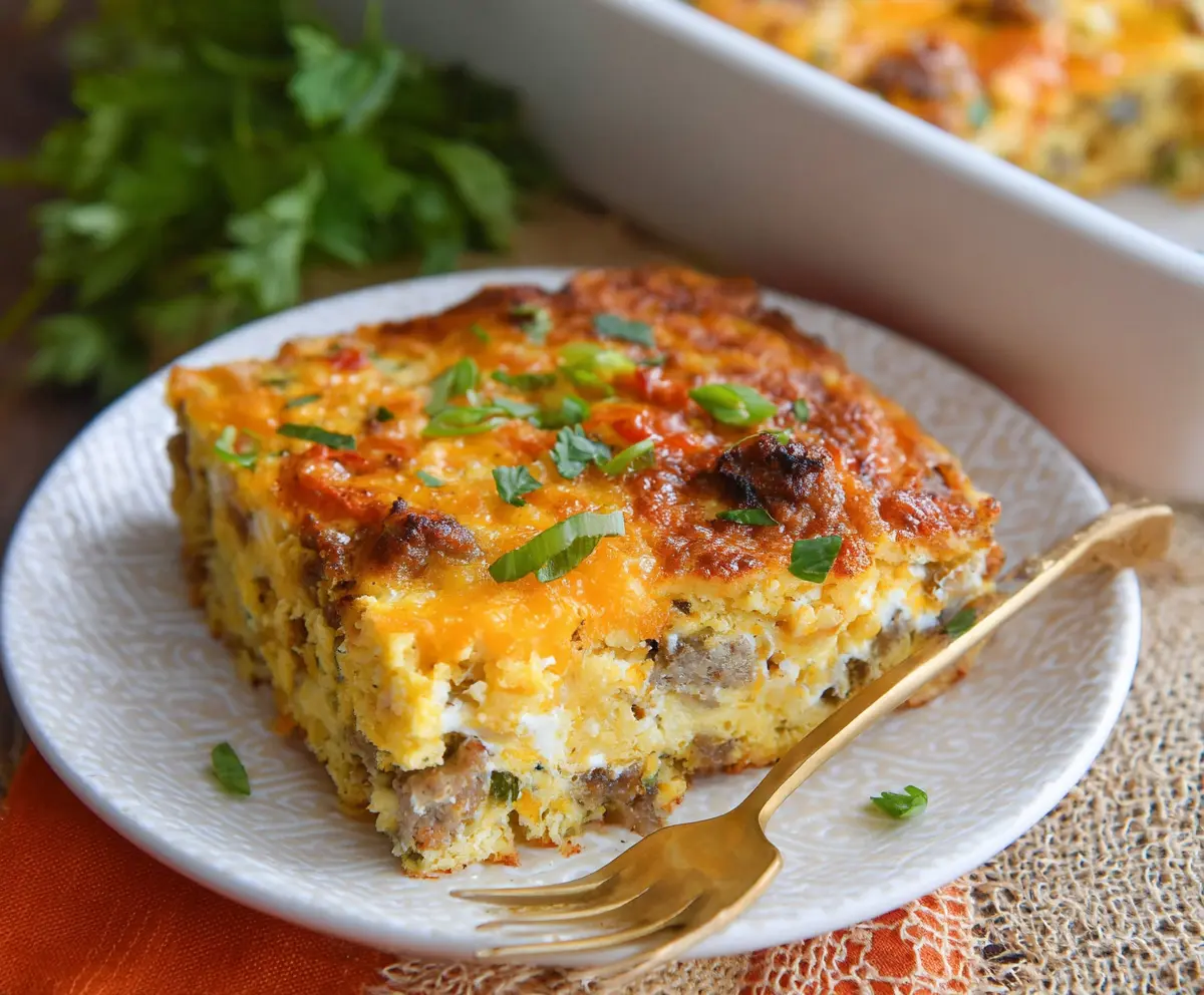 Delicious cottage cheese and turkey sausage breakfast casserole served in a baking dish.