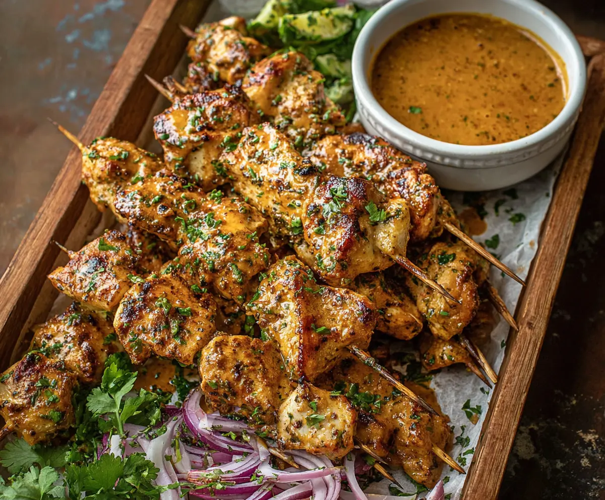 Juicy Cowboy Butter Chicken Skewers grilled to perfection with smoky flavors and garnished with fresh herbs.