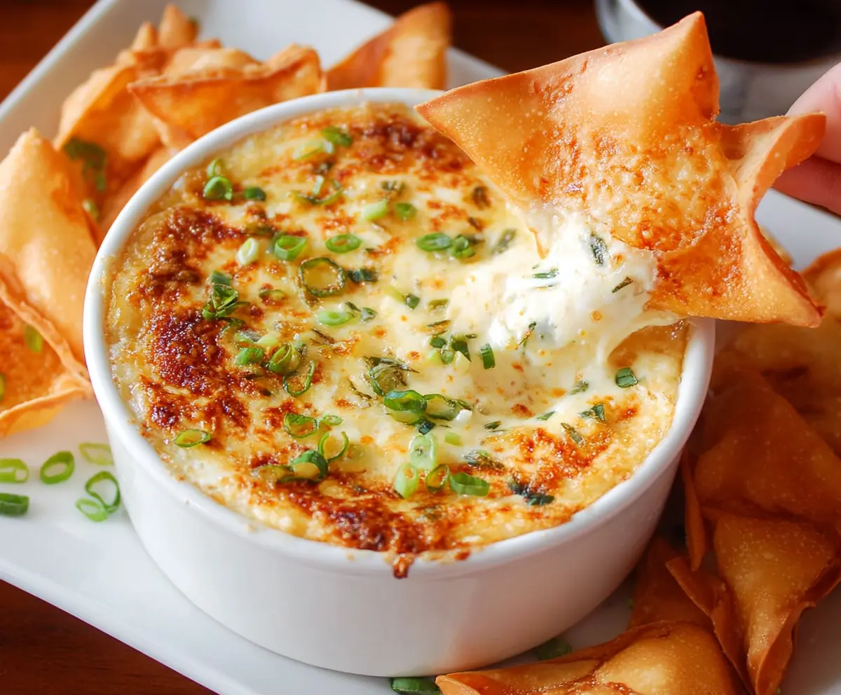 Creamy Crab Rangoon Dip served with crispy wonton chips, perfect for party snacking.