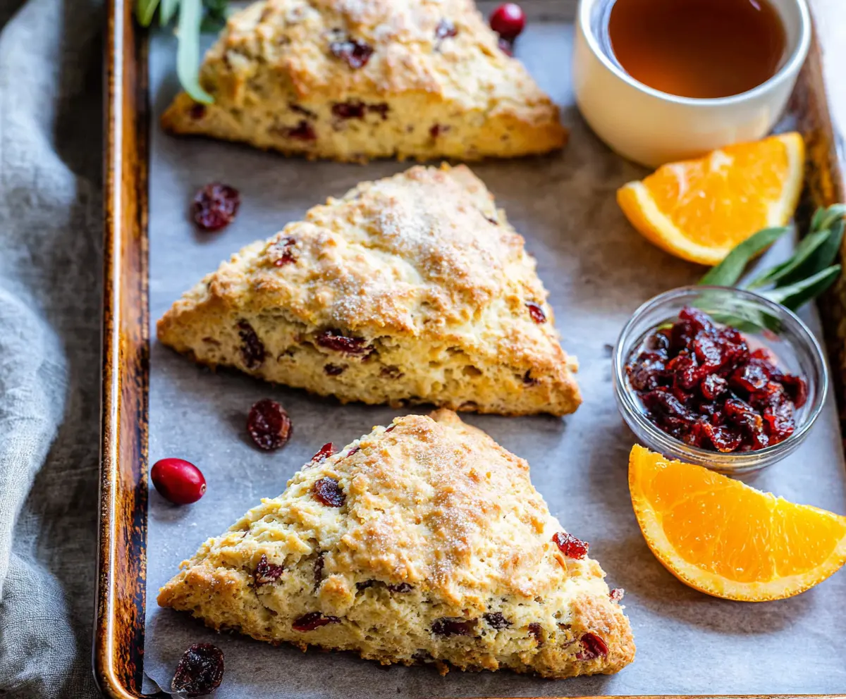 Delicious Cranberry Orange Sourdough Scones on a rustic wooden platter, garnished with fresh cranberries and orange zest.