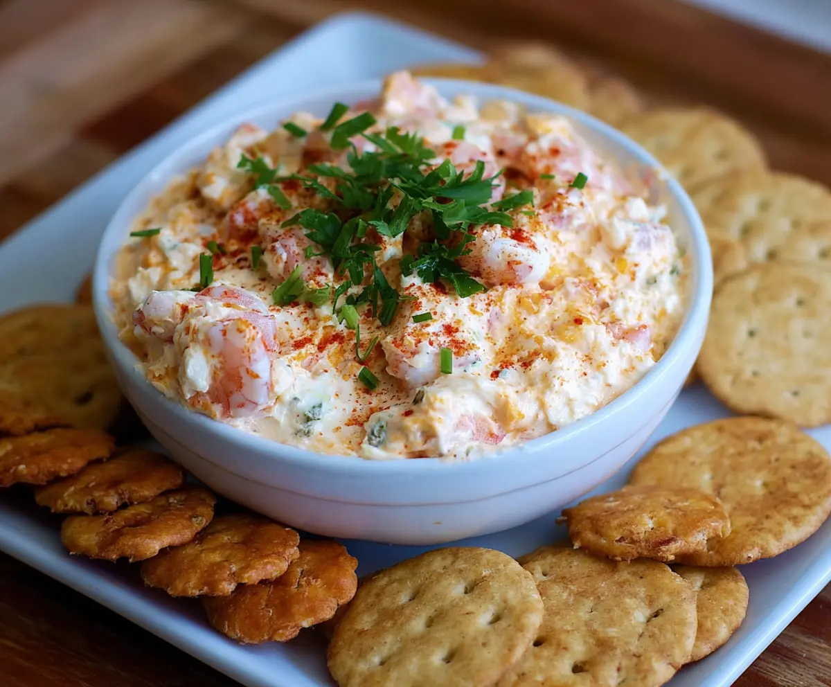 Cream cheese shrimp dip in a bowl garnished with herbs, perfect for parties and appetizers