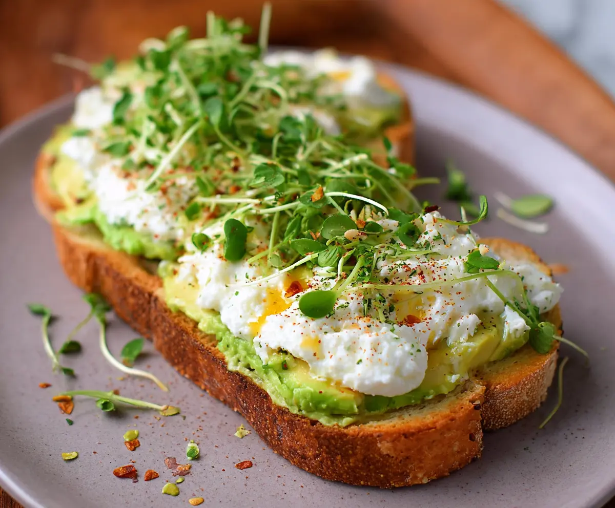 Delicious creamy cottage cheese avocado toast garnished with fresh herbs on a rustic plate.