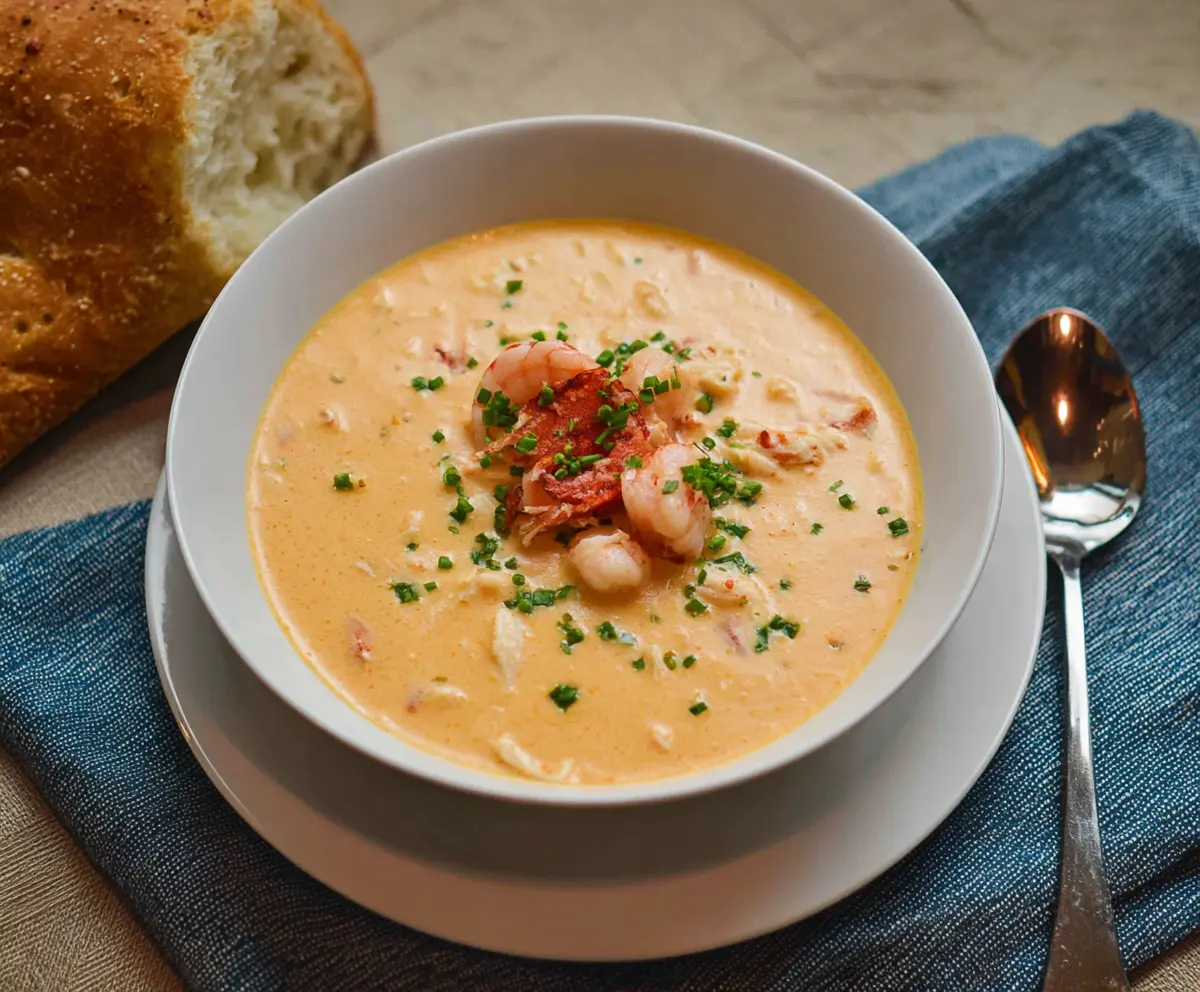 Delicious creamy crab and shrimp seafood bisque served in a bowl with fresh herbs