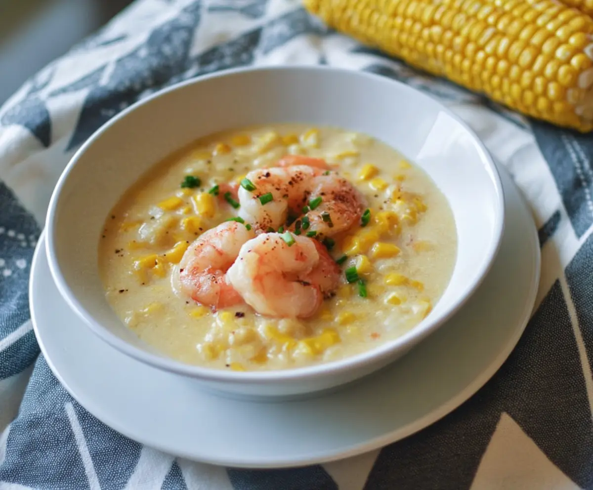 Creamy shrimp and corn soup in a bowl with fresh herbs on top, showcasing a rich and cheesy texture.
