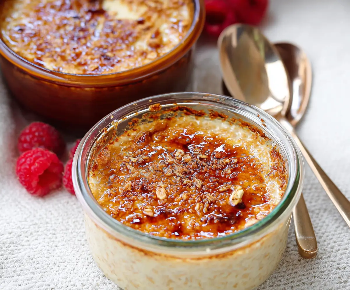 Creamy Crème Brûlée Overnight Oats topped with caramelized sugar and fresh berries