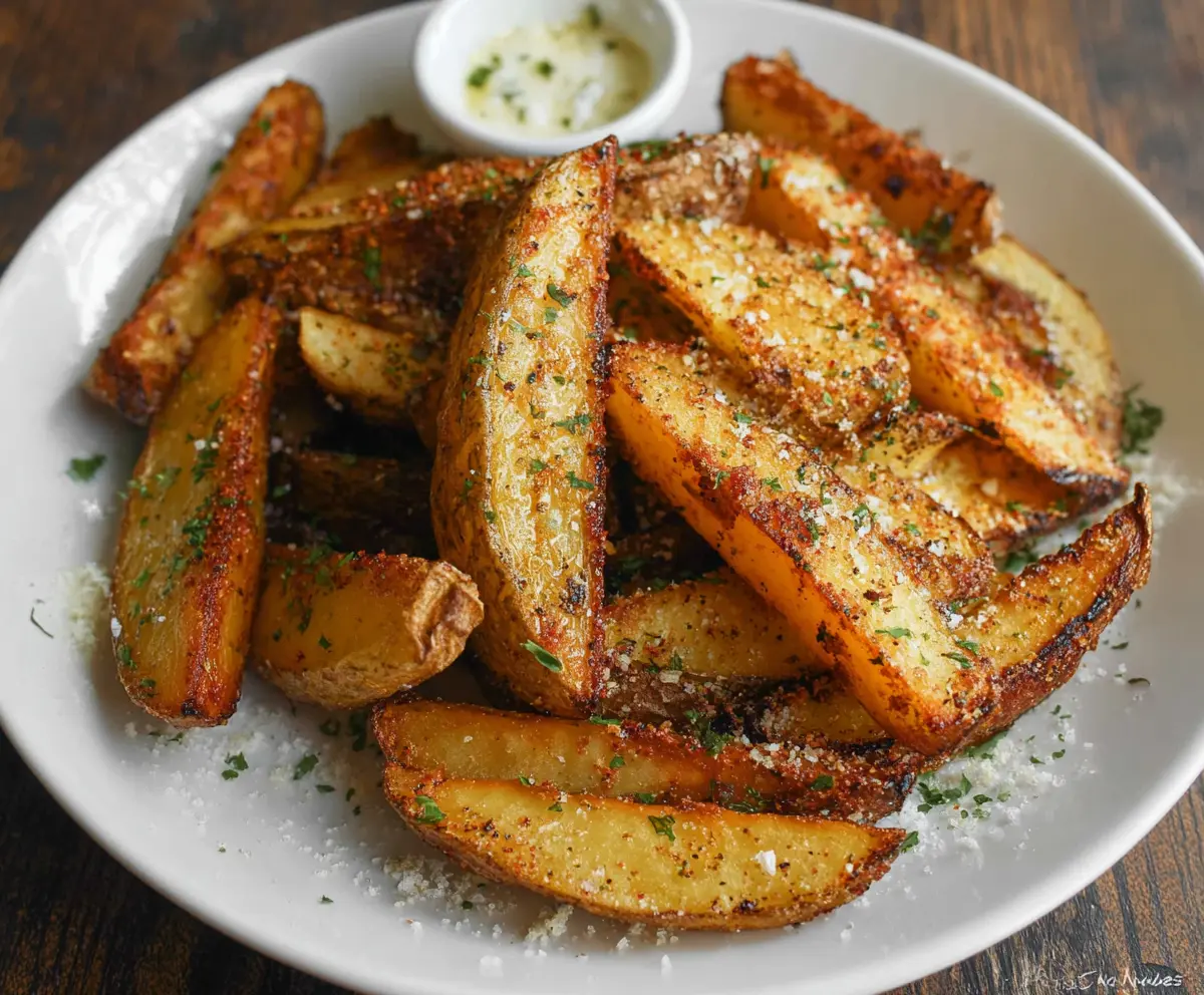 Golden brown crispy seasoned potato wedges on a platter, perfect for snacks or sides.