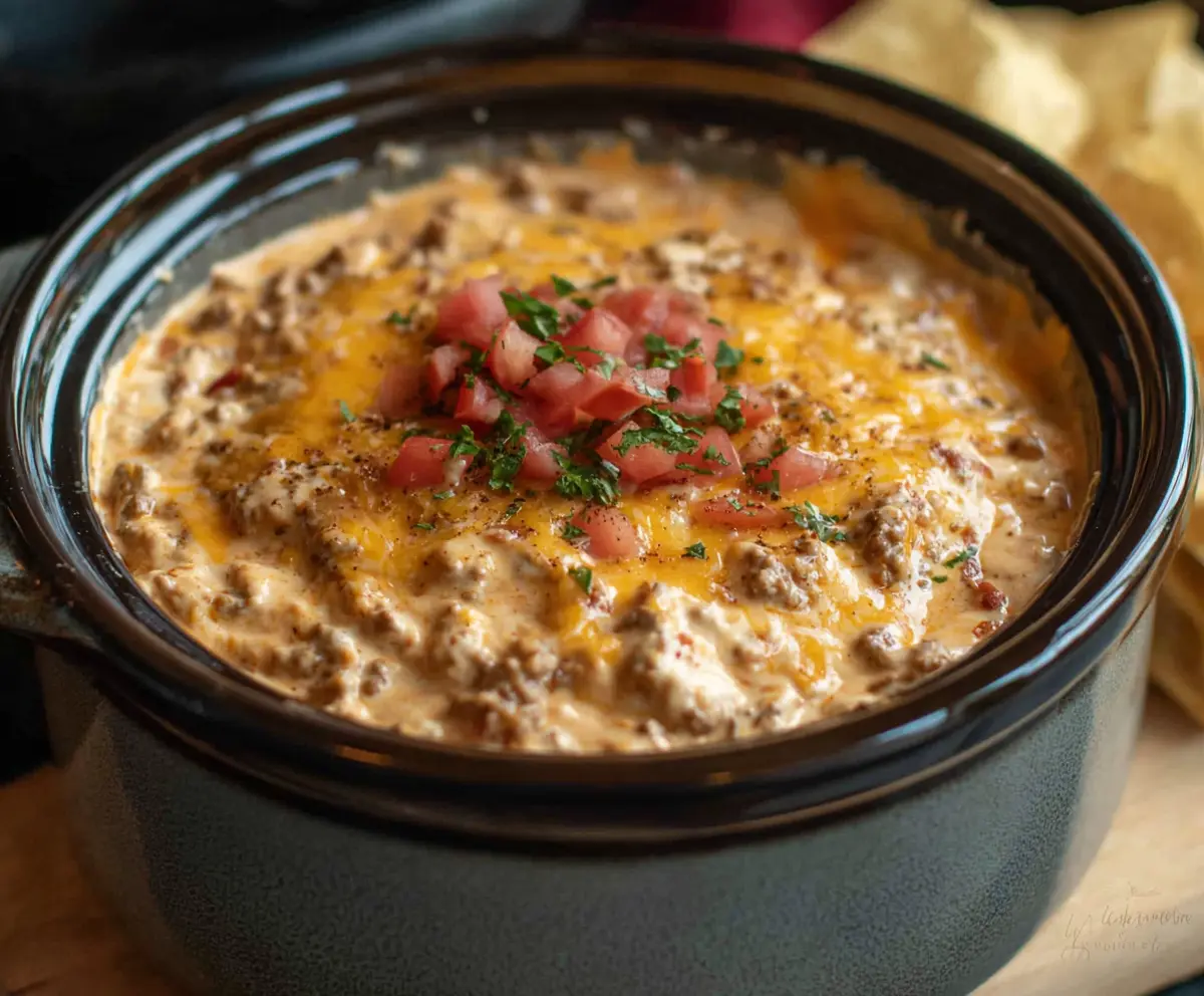 Delicious Crock Pot Cheeseburger Dip with melted cheese, ground beef, and fresh toppings served in a slow cooker.