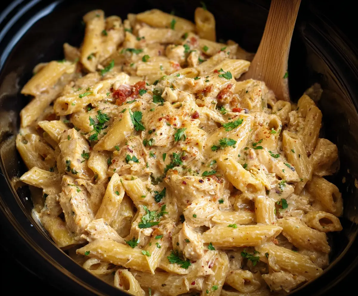 Creamy crockpot chicken pasta dish with tender chicken and savory sauce in a slow cooker.